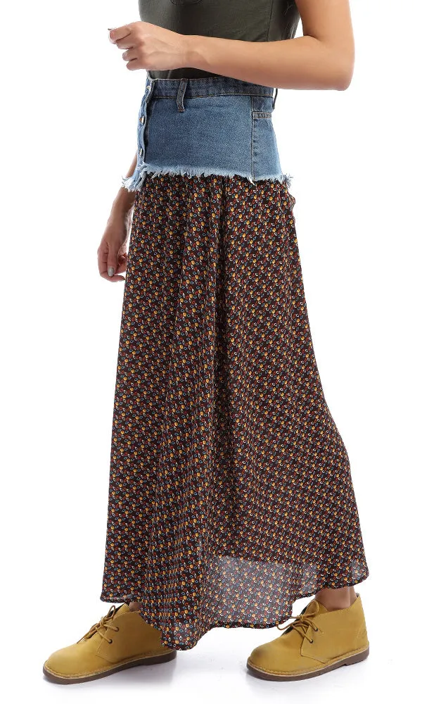 48081 Dark Brown Bi-Tone Patterned Maxi Skirt