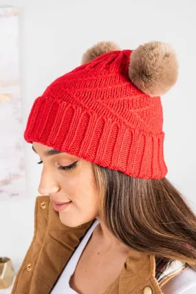 All About It Red Pompom Beanie