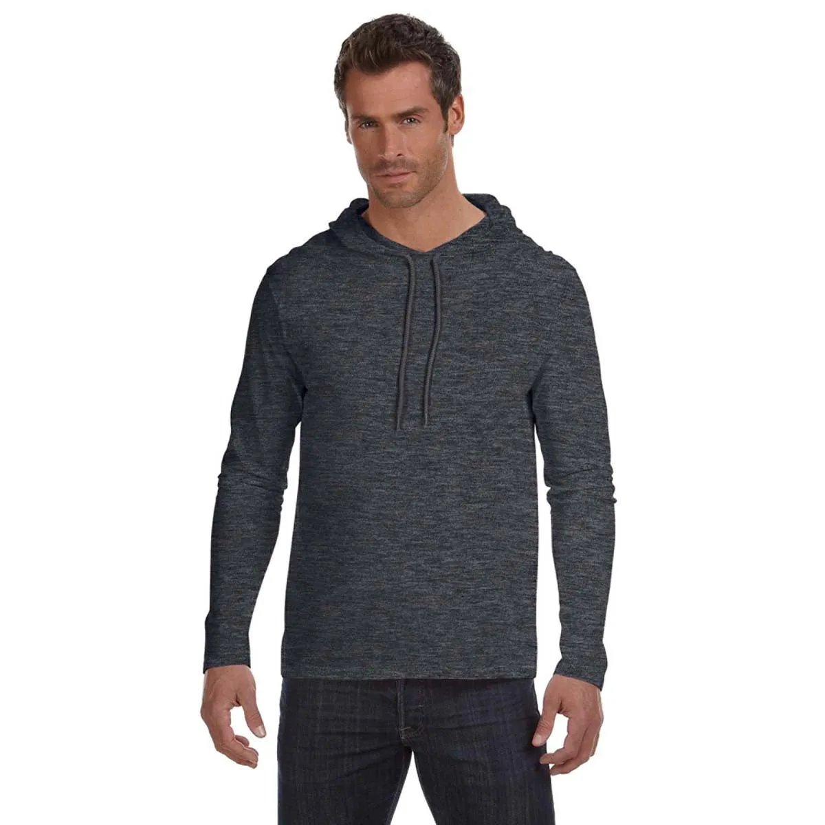 Anvil Men's Heather Dark Grey Lightweight Long-Sleeve Hooded T-Shirt