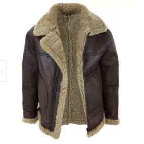 B034 B3 Flight Bomber Aviator Real Leather Shearling Jacket Brown