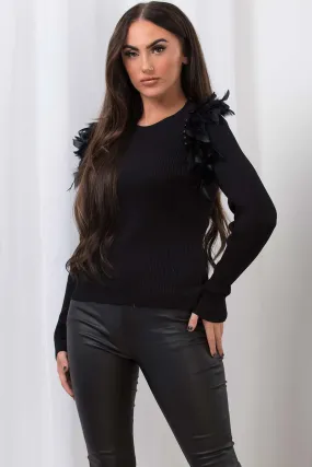 Black Jumper With Feathers And Pearls