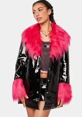 Black Vinyl Coat With Red Fur Trim