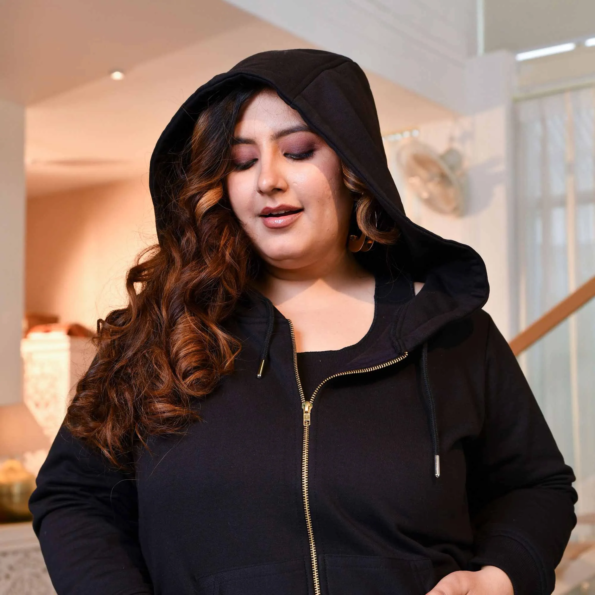 Black Woollen Fleece Zipper Hoodie Jacket