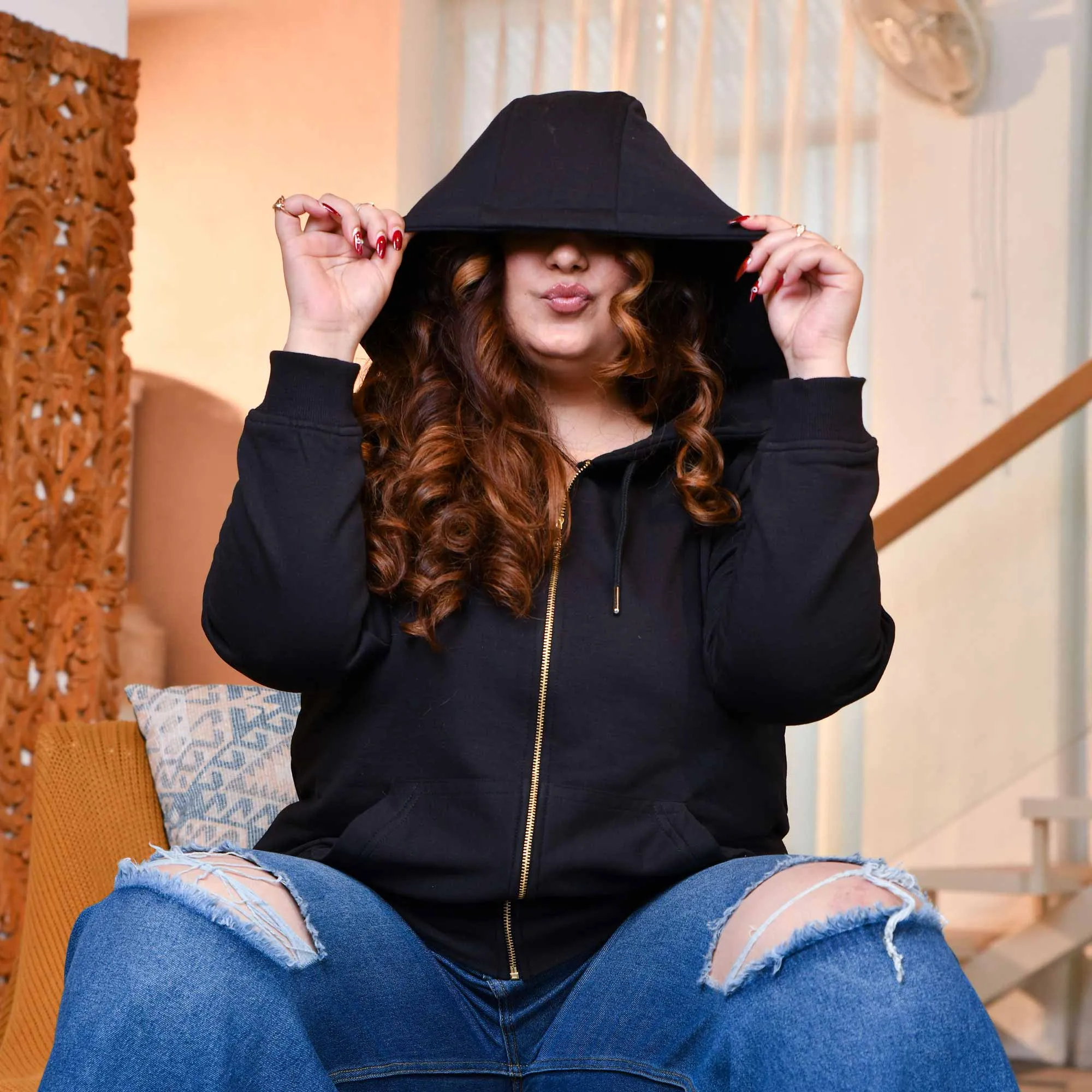 Black Woollen Fleece Zipper Hoodie Jacket