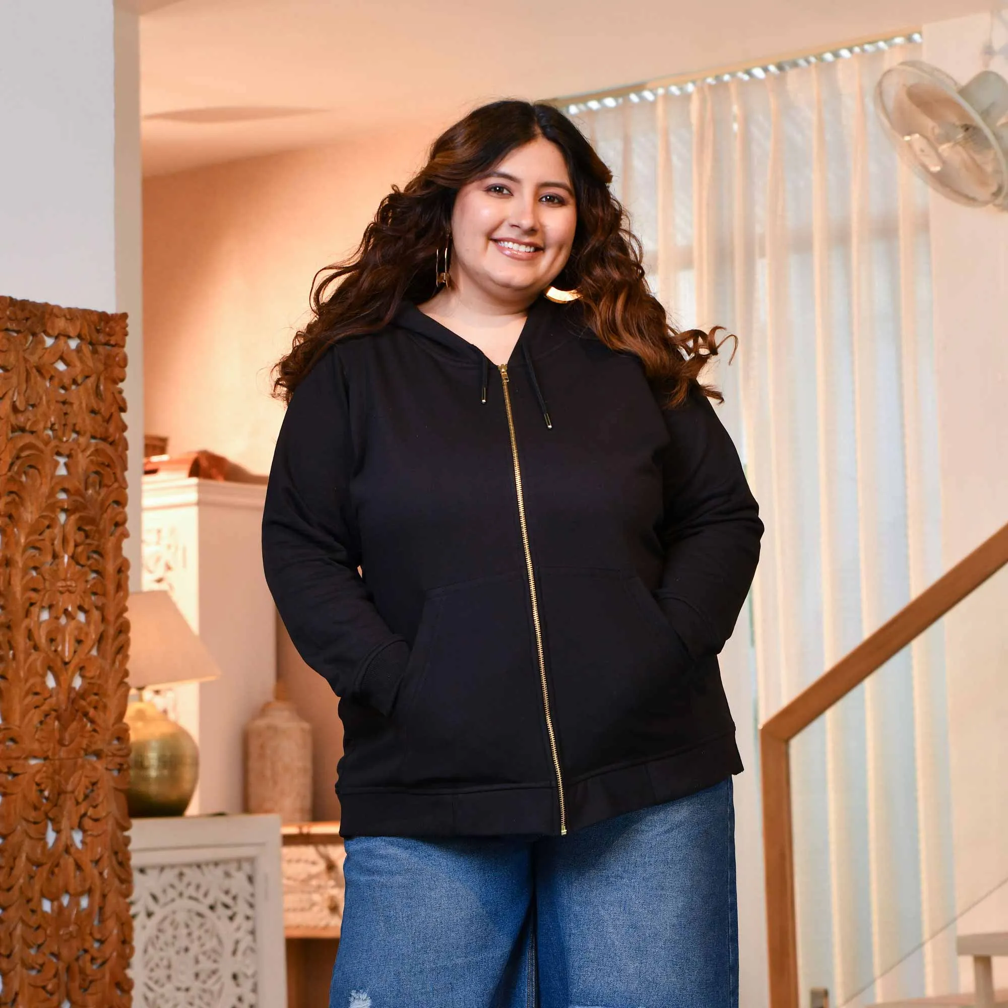Black Woollen Fleece Zipper Hoodie Jacket