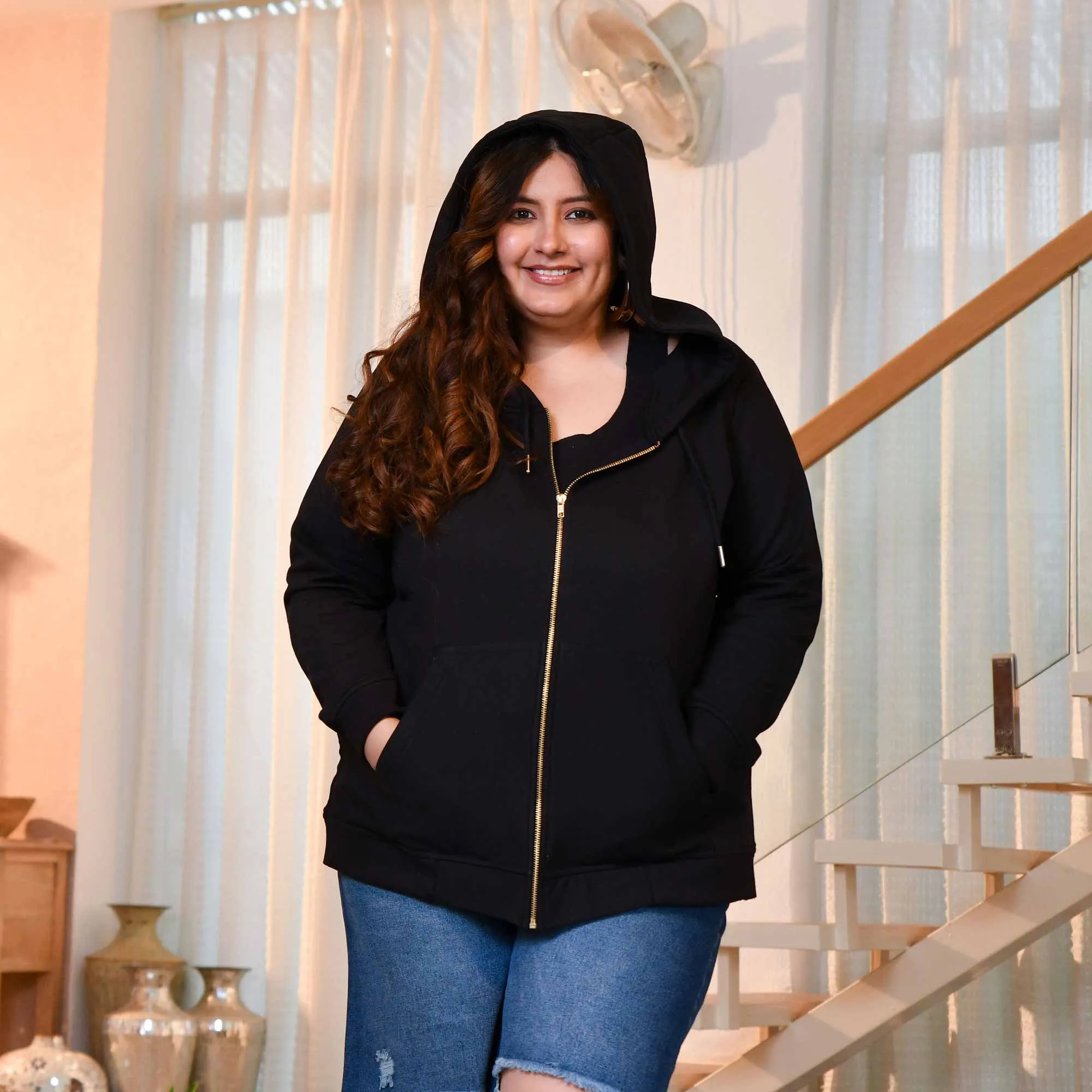 Black Woollen Fleece Zipper Hoodie Jacket
