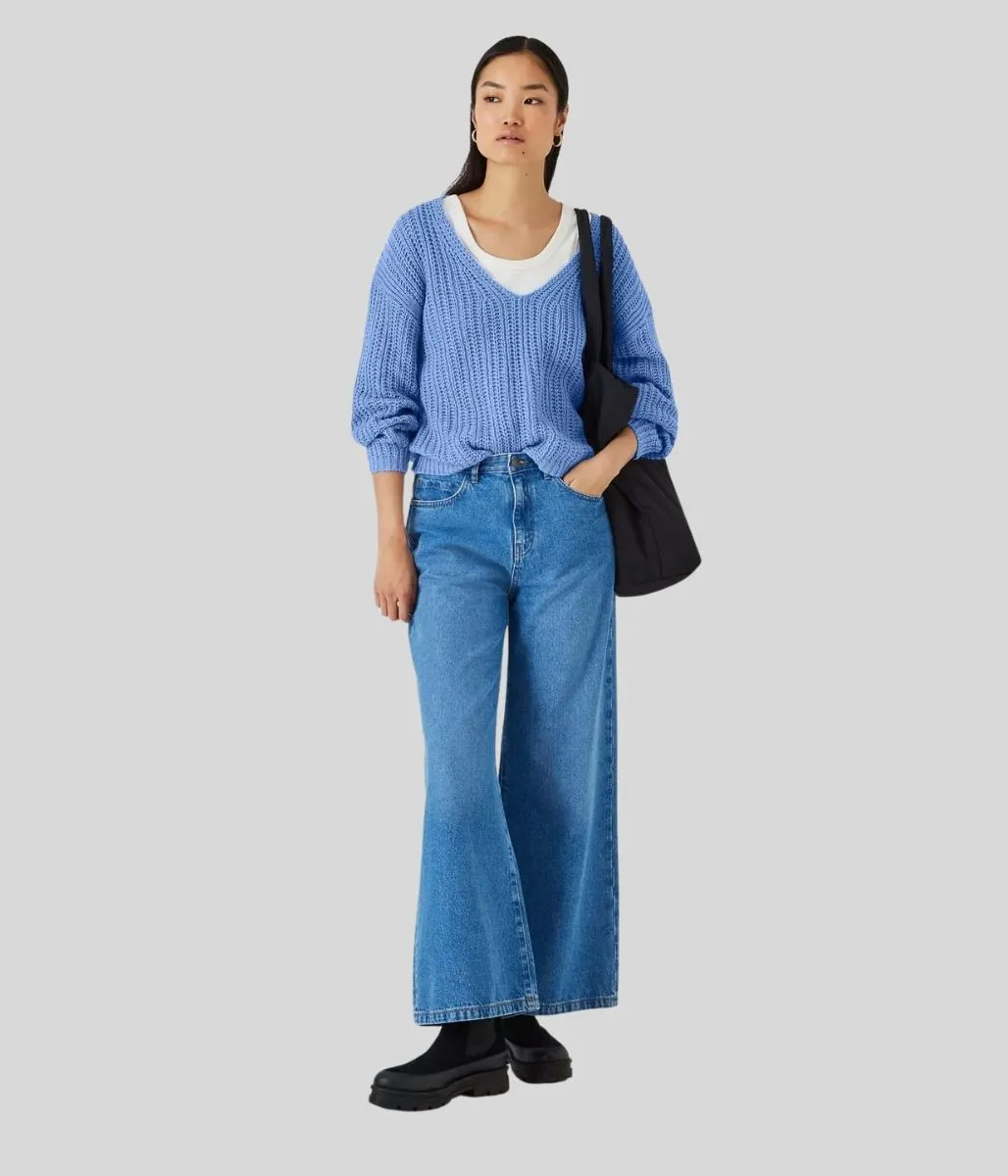 Blue Slouchy Knit V Neck Jumper