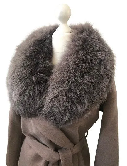 Brown Wrap Elegant Women coat, Long Belted Feminine Overcoat Trim Fox Fur, Cashmere Woolen blend Coat Wrap