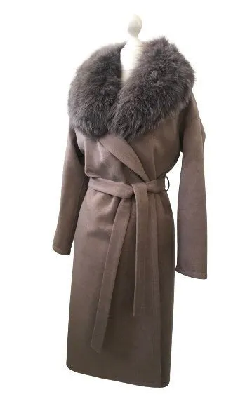 Brown Wrap Elegant Women coat, Long Belted Feminine Overcoat Trim Fox Fur, Cashmere Woolen blend Coat Wrap