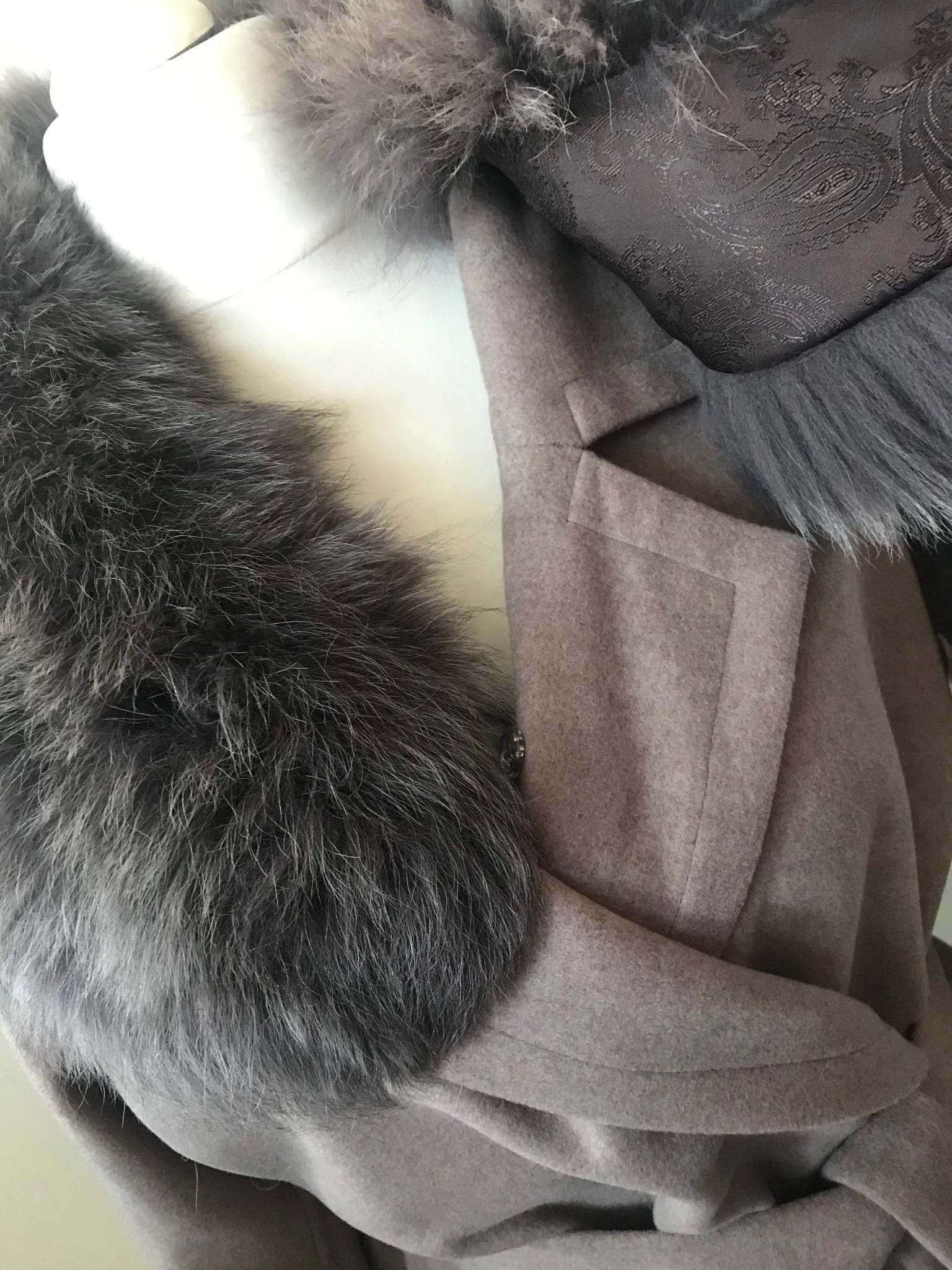 Brown Wrap Elegant Women coat, Long Belted Feminine Overcoat Trim Fox Fur, Cashmere Woolen blend Coat Wrap