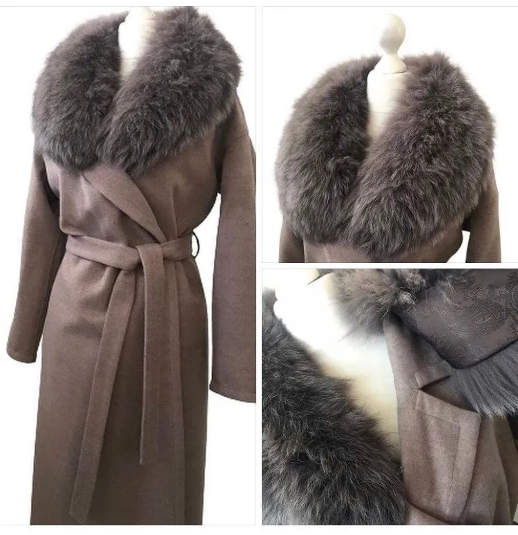 Brown Wrap Elegant Women coat, Long Belted Feminine Overcoat Trim Fox Fur, Cashmere Woolen blend Coat Wrap