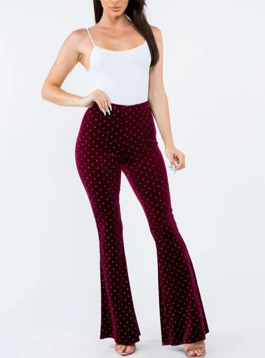 Burgundy and Silver Glitter Polka Dot Velvet Bell Bottom Leggings