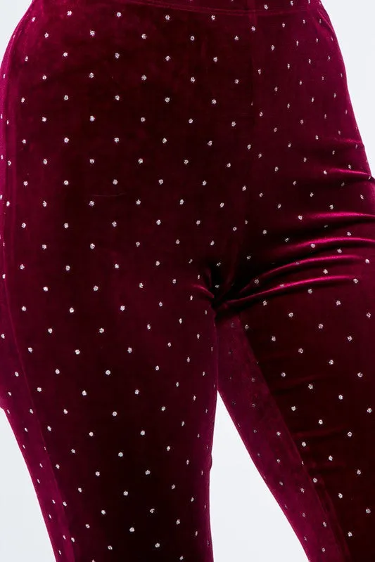 Burgundy and Silver Glitter Polka Dot Velvet Bell Bottom Leggings