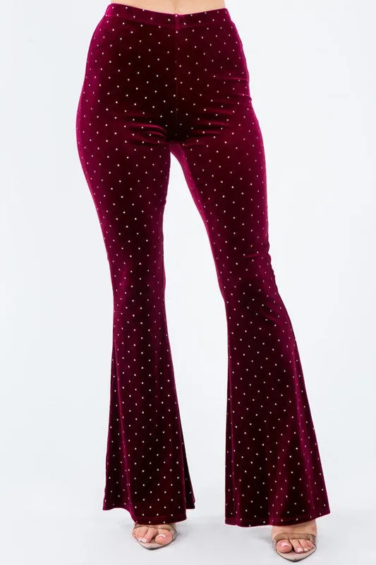 Burgundy and Silver Glitter Polka Dot Velvet Bell Bottom Leggings