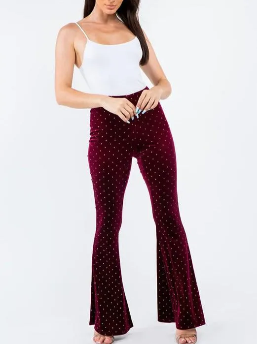 Burgundy and Silver Glitter Polka Dot Velvet Bell Bottom Leggings
