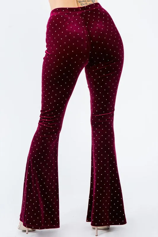 Burgundy and Silver Glitter Polka Dot Velvet Bell Bottom Leggings