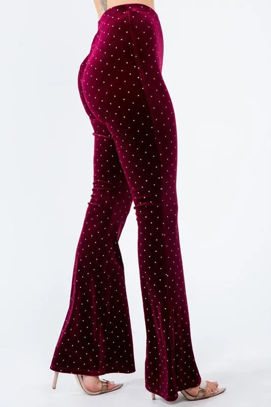 Burgundy and Silver Glitter Polka Dot Velvet Bell Bottom Leggings