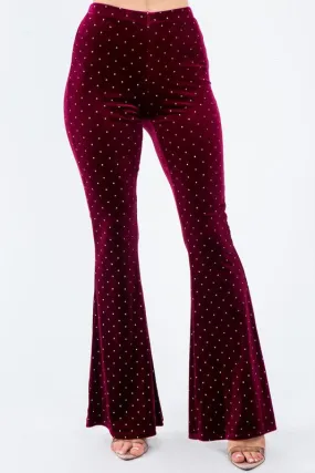 Burgundy and Silver Glitter Polka Dot Velvet Bell Bottom Leggings