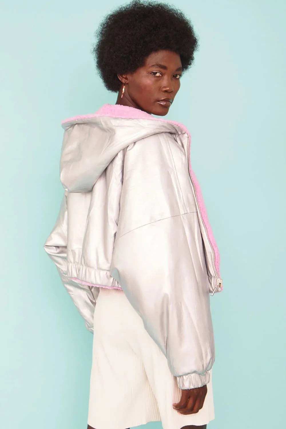 Buy Me Fur - Women's Pink and Silver Faux Shearling Reversible Hooded Jacket