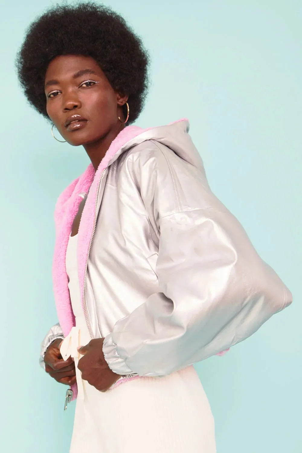 Buy Me Fur - Women's Pink and Silver Faux Shearling Reversible Hooded Jacket