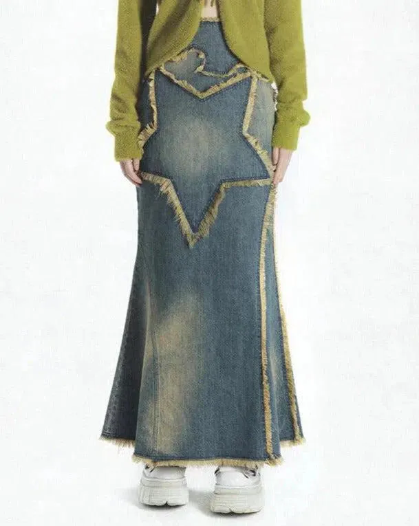 Cassiopeia – Front star detail – Denim maxi skirt