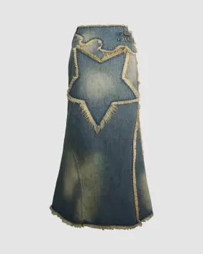 Cassiopeia – Front star detail – Denim maxi skirt