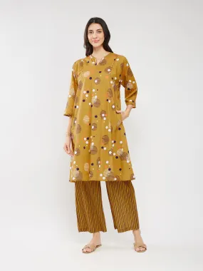 Cotton Print Play A-Line Kurta Set - Mustard