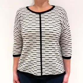 Cream Black 3/4 Sleeved Patterned Cashmere Crew Neck Jumper Large