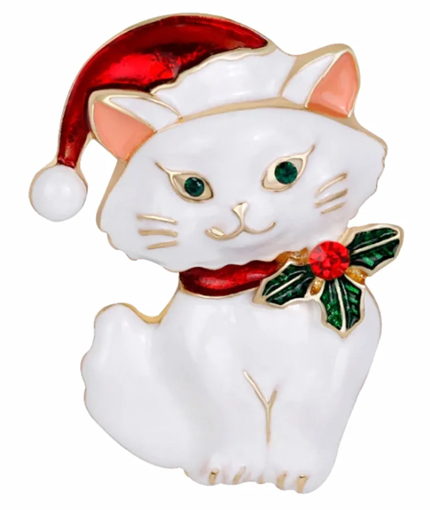Crystal Cat in Black or White Christmas Brooch