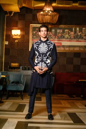 Deep blue waistcoat with drape kurta set