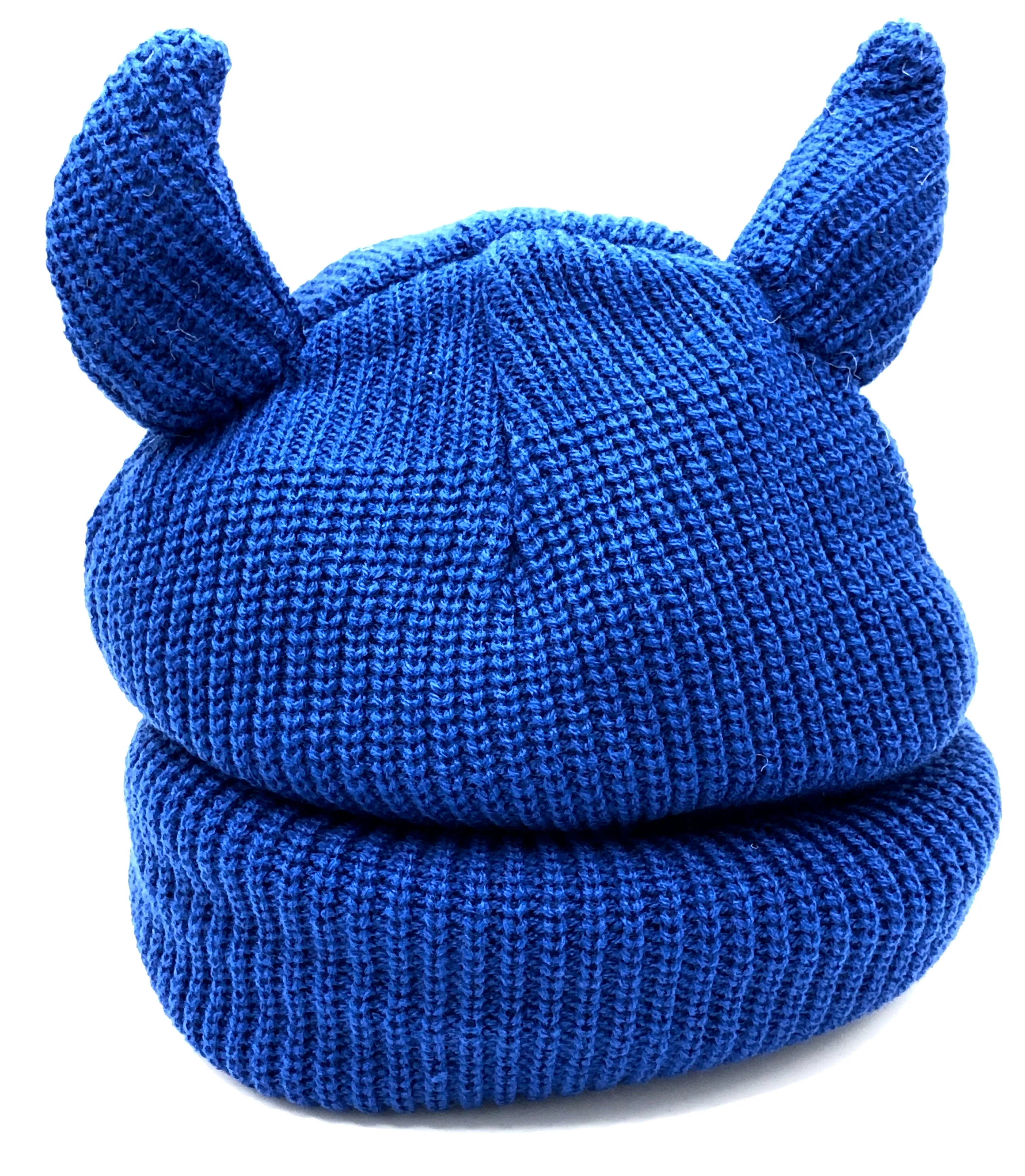 Devil Horns Knit Ski Mask, Royal Blue Balaclava w/ Stuffed 3D Horns. Roll up to be a beanie!