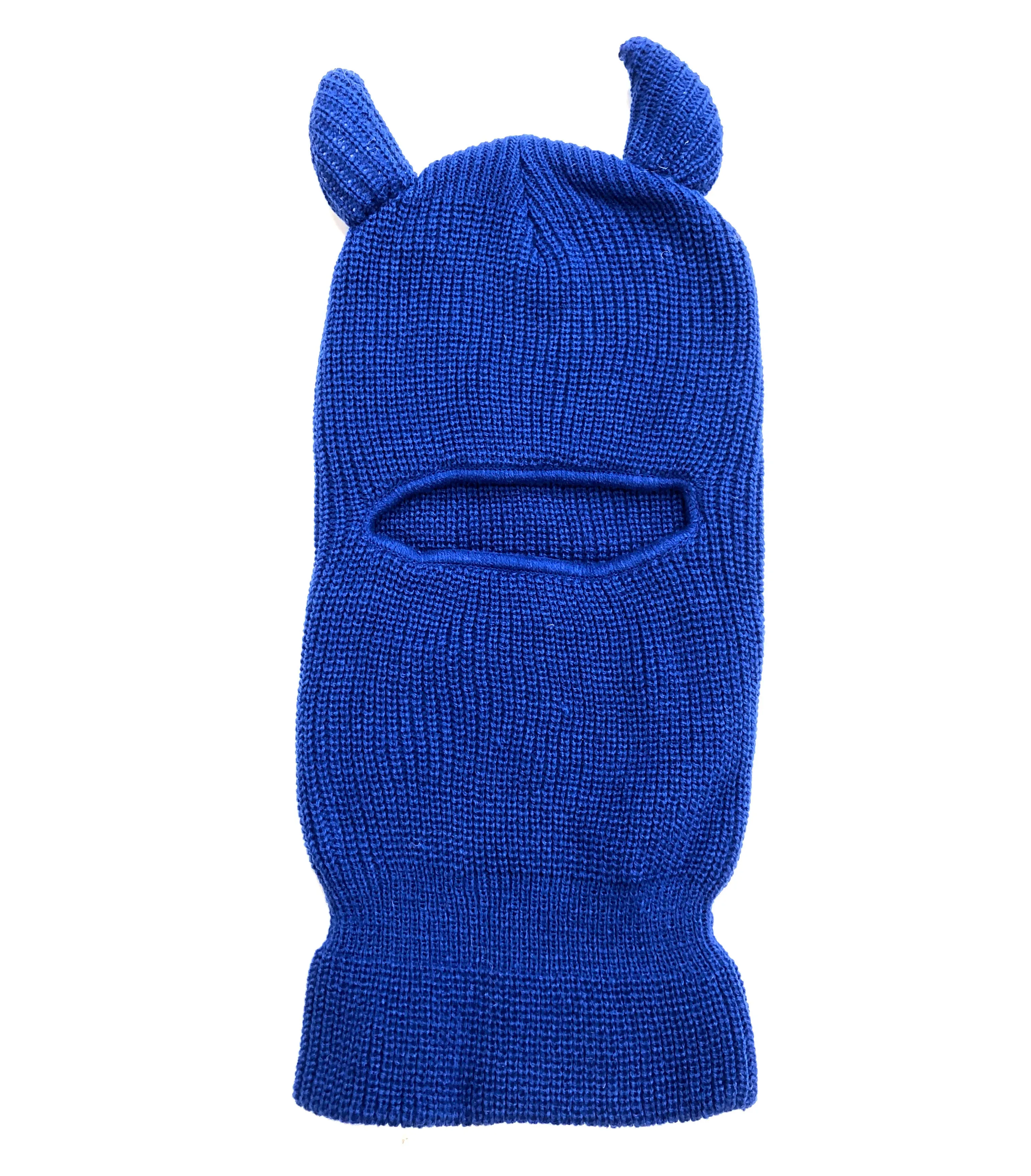 Devil Horns Knit Ski Mask, Royal Blue Balaclava w/ Stuffed 3D Horns. Roll up to be a beanie!