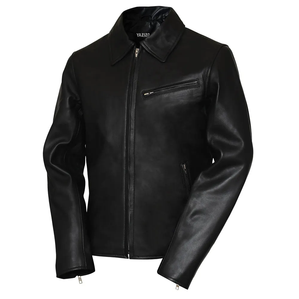 Down Collar Mens Classic Rider Black Leather Jacket