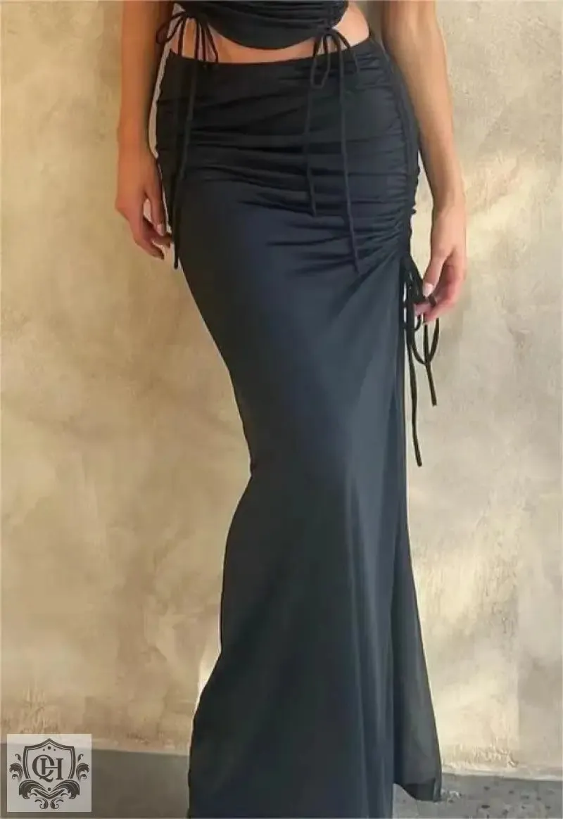 Drawstring High Waist Maxi Skirt