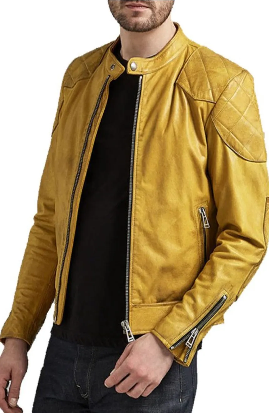 Duni Yellow Leather Jacket Men Biker Motorcycle Sheepskin