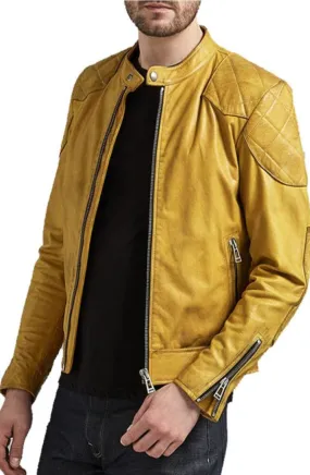 Duni Yellow Leather Jacket Men Biker Motorcycle Sheepskin
