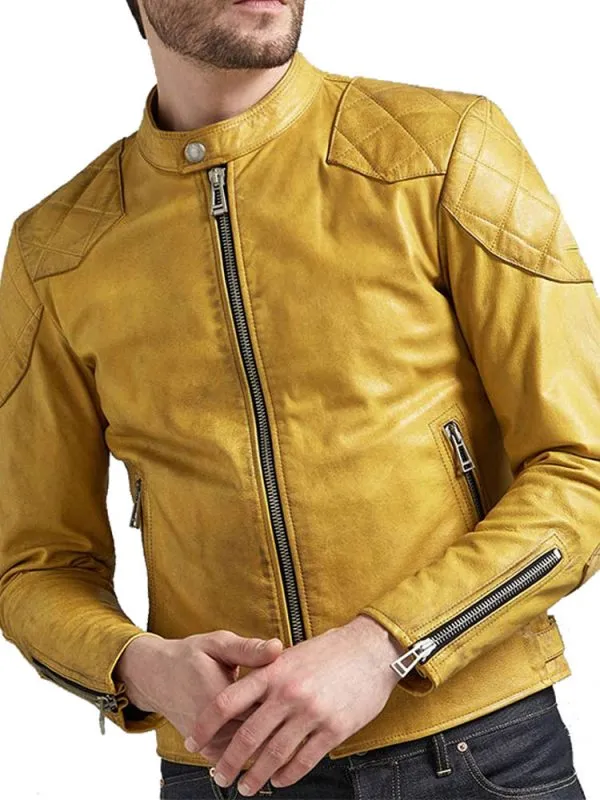 Duni Yellow Leather Jacket Men Biker Motorcycle Sheepskin