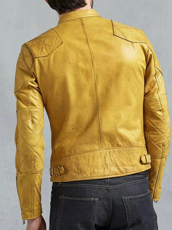 Duni Yellow Leather Jacket Men Biker Motorcycle Sheepskin