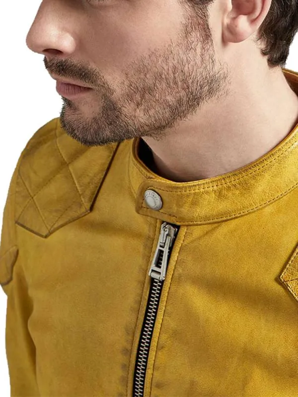 Duni Yellow Leather Jacket Men Biker Motorcycle Sheepskin
