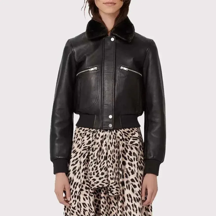 Elegant Women's Black Leather Shearling Collar Jacket