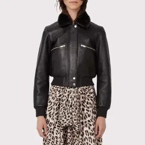 Elegant Women's Black Leather Shearling Collar Jacket