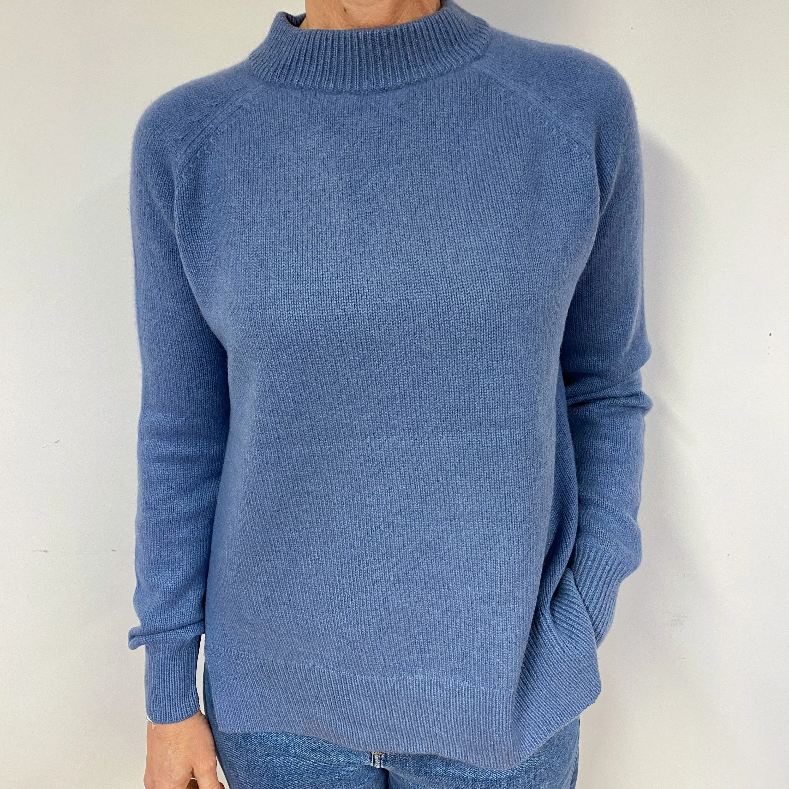 Faded Denim Blue Cashmere Chunky Turtle Neck Jumper Medium