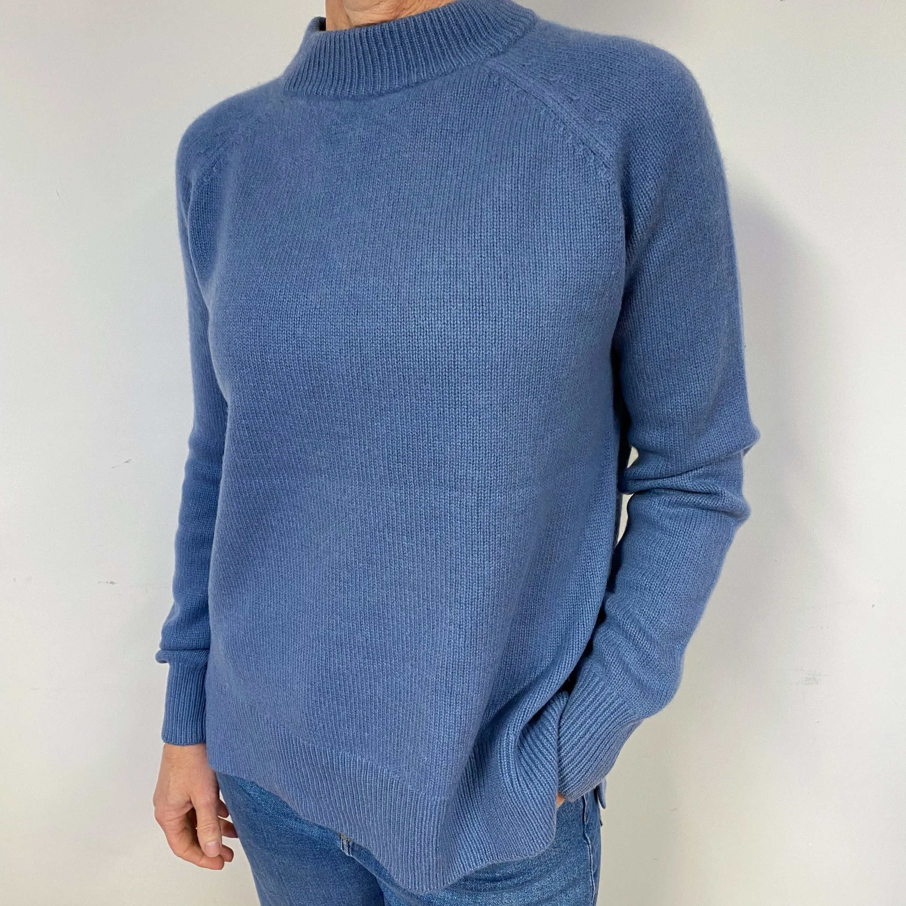Faded Denim Blue Cashmere Chunky Turtle Neck Jumper Medium