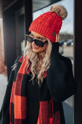 Fall Hike Faux Fur Pom Beanie in Red
