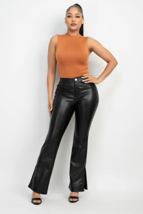 faux leather side slit flare pants