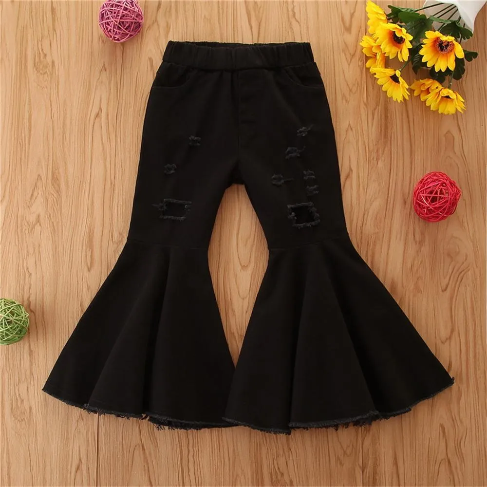 Girls Casual Solid Wide Leg Flared Ripped Jeans Wholesale