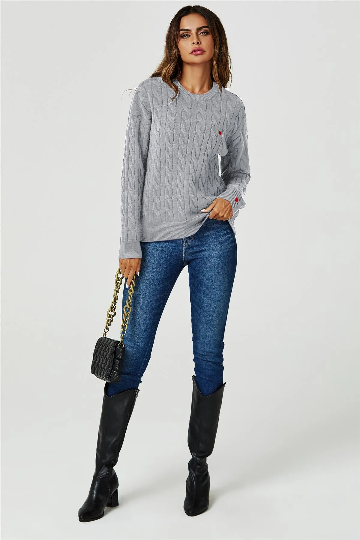 Heart Embroidery Jumper Top In Grey