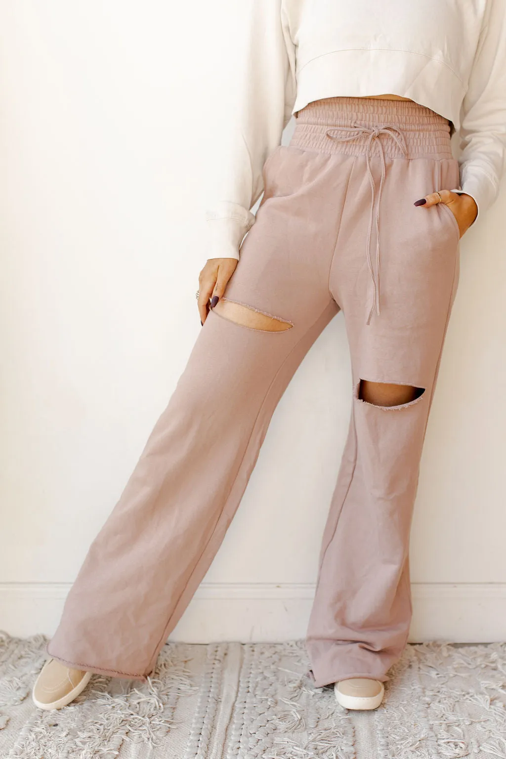 high waist distressed sweat pants