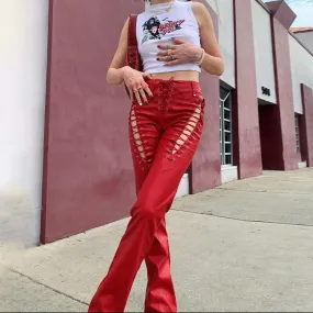 High Waist Hollow Straped Pu Women Trousers