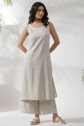 Light Beige Sleeveless Schiffli Kurta And Flared Pants Set